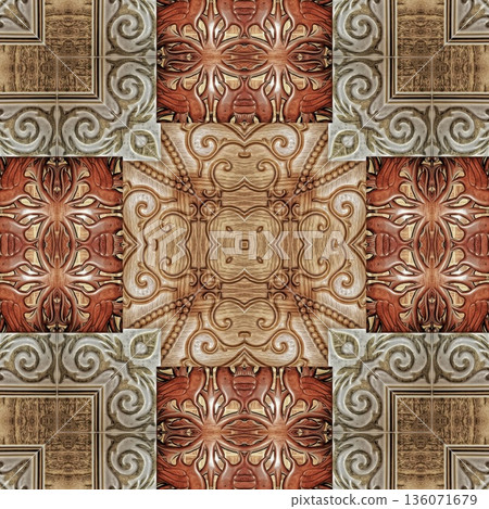 Design features an elegant wooden carved pattern inspired by traditional craftsmanship. Intricate relief and natural wood textures add warmth and depth, ideal for tiles, flooring, wall covering Design features an elegant wooden carved pattern inspired by traditional craftsmanship. Intricate relief and natural wood textures add warmth and depth, ideal for tiles, flooring, wall covering 136071679