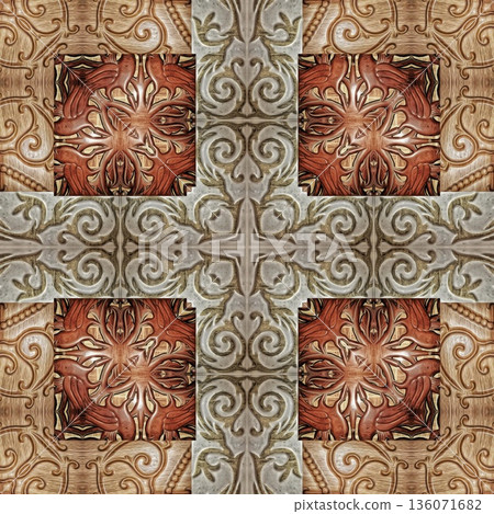 Design features an elegant wooden carved pattern inspired by traditional craftsmanship. Intricate relief and natural wood textures add warmth and depth, ideal for tiles, flooring, wall covering 136071682
