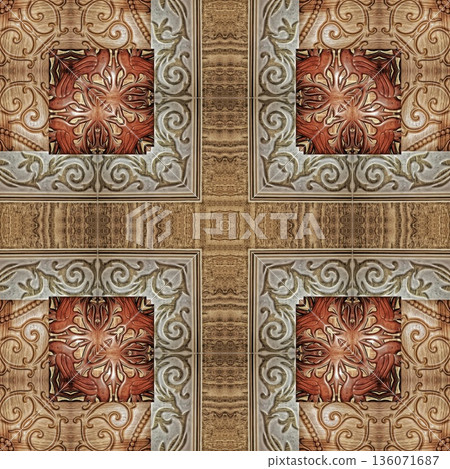 Design features an elegant wooden carved pattern inspired by traditional craftsmanship. Intricate relief and natural wood textures add warmth and depth, ideal for tiles, flooring, wall covering Design features an elegant wooden carved pattern inspired by traditional craftsmanship. Intricate relief and natural wood textures add warmth and depth, ideal for tiles, flooring, wall covering 136071687