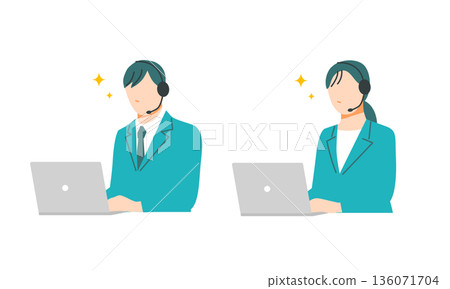 一組插圖，描繪了在呼叫中心工作的穿著西裝、神采奕奕的男女。 136071704