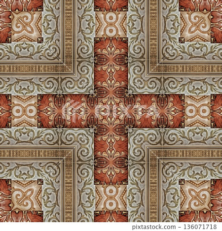 An elegant wooden carved design inspired by traditional craftsmanship, featuring detailed relief textures that add warmth and depth. Perfect for tiles, flooring, wall coverings, packaging, and furnish 136071718