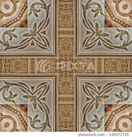 An elegant wooden carved design inspired by traditional craftsmanship, featuring detailed relief textures that add warmth and depth. Perfect for tiles, flooring, wall coverings, packaging, and furnish An elegant wooden carved design inspired by traditional craftsmanship, featuring detailed relief textures that add warmth and depth. Perfect for tiles, flooring, wall coverings, packaging, and furnish 136071726