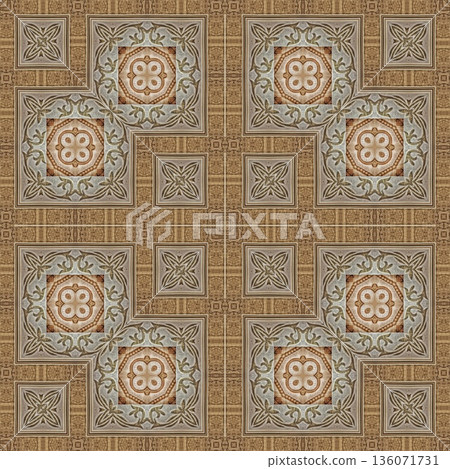 An elegant wooden carved design inspired by traditional craftsmanship, featuring detailed relief textures that add warmth and depth. Perfect for tiles, flooring, wall coverings, packaging, and furnish 136071731