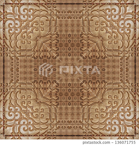 An elegant wooden carved design inspired by traditional craftsmanship, featuring detailed relief textures that add warmth and depth. Perfect for tiles, flooring, wall coverings, packaging, and furnish 136071755