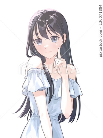 一位留著黑色長髮的女子身著夏裝,雙手輕撫臉頰,擺出姿勢。 一位留著黑色長髮的女子身著夏裝,雙手輕撫臉頰,擺出姿勢。 136071884