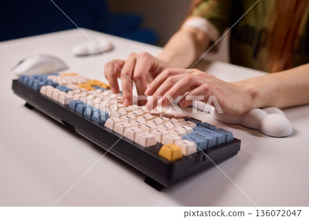 Keyboard setup showcase, Ergonomic mechanical keyboard display, Closeup of tactile switches on custom keyboard, Designer testing pastel keycaps with ergonomic wrist cushion setup Keyboard setup showcase, Ergonomic mechanical keyboard display, Closeup of tactile switches on custom keyboard, Designer testing pastel keycaps with ergonomic wrist cushion setup 136072047