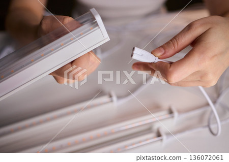 Technician setting up, Horticultural specialist assembling lighting strips for cultivation space, Careful connector placement by technician during indoor garden lighting setup 136072061