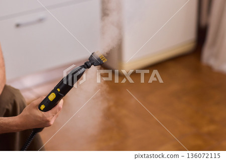 Hot vapor cleaning, Modern household cleaner using hot vapor for sanitization purposes, Device emits heated steam through brush to disinfect and refresh household surfaces Hot vapor cleaning, Modern household cleaner using hot vapor for sanitization purposes, Device emits heated steam through brush to disinfect and refresh household surfaces 136072115