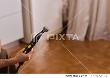 Hot vapor cleaning, Modern household cleaner using hot vapor for sanitization purposes, Device emits heated steam through brush to disinfect and refresh household surfaces Hot vapor cleaning, Modern household cleaner using hot vapor for sanitization purposes, Device emits heated steam through brush to disinfect and refresh household surfaces 136072117