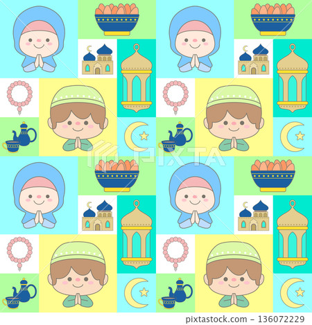 Cute Seamless Ramadan Pattern with Muslim Kids Mosque Lantern and Iftar Elements 136072229