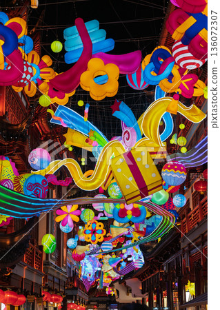 Colorful festival lantern decorations on traditional street at night Colorful festival lantern decorations on traditional street at night 136072307