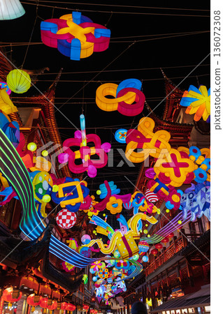 Colorful festival lantern decorations on traditional street at night Colorful festival lantern decorations on traditional street at night 136072308