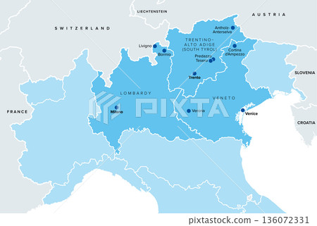 Milano Cortina 2026, Northern Italy, political map. Venues of an international multi-sport event that take place in the Italian regions Lombardy, Veneto, and Trentino-Alto Adige. Isolated. Vector 136072331