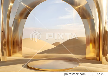 metallic podium with golden sand landscape metallic podium with golden sand landscape 136072356