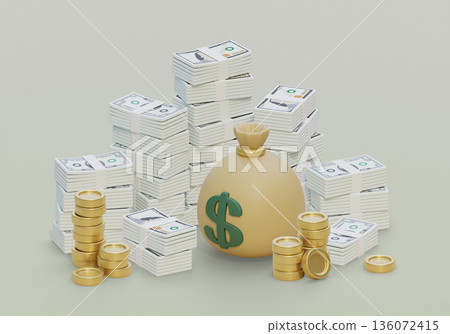 Pile of one and hundred dollar bills with money bags in 3D cartoon style 136072415