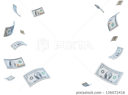 Flying one and hundred dollar banknotes in 3D cartoon style 136072416