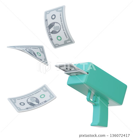 One dollar bills shooting out of a money gun in 3D style 136072417