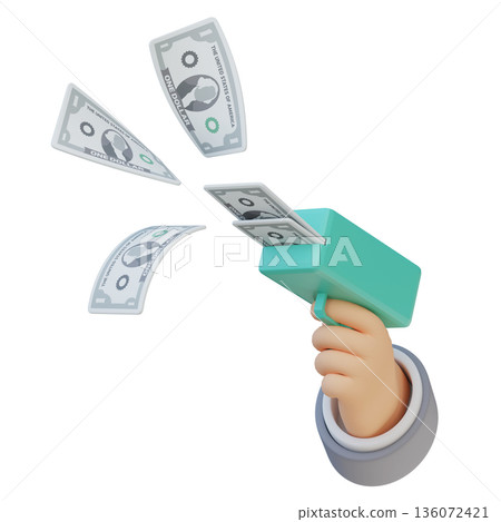 Hand holding a money gun shooting one dollar bills in 3D style 136072421