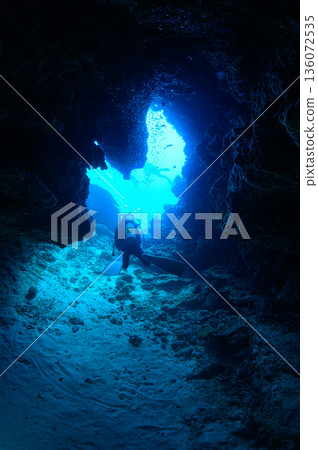 Blue sea and underwater caves, Palau, diving scene Blue sea and underwater caves, Palau, diving scene 136072535