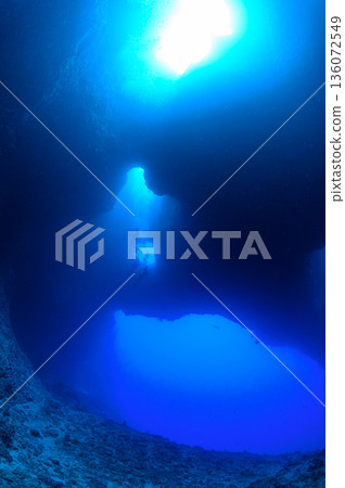 Blue sea and underwater caves, Palau, diving scene Blue sea and underwater caves, Palau, diving scene 136072549