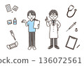 Doctors in white coats, nurses in scrubs, medical items / simple colors / set 136072561