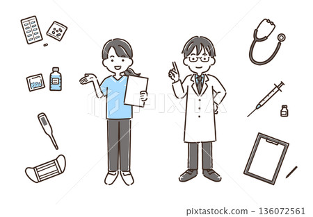 Doctors in white coats, nurses in scrubs, medical items / simple colors / set Doctors in white coats, nurses in scrubs, medical items / simple colors / set 136072561