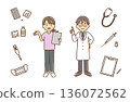 Nurses in scrubs, doctors in white coats, medical items/set 136072562