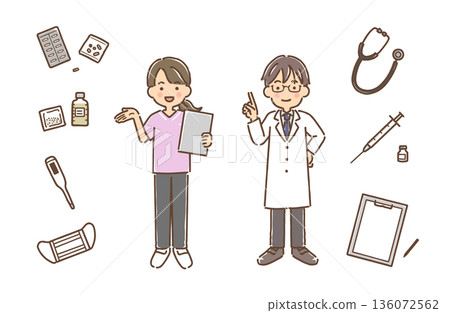 Nurses in scrubs, doctors in white coats, medical items/set Nurses in scrubs, doctors in white coats, medical items/set 136072562