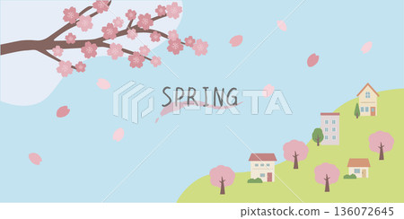 春季背景橫幅插圖，櫻花背景，建築物和櫻花。 136072645