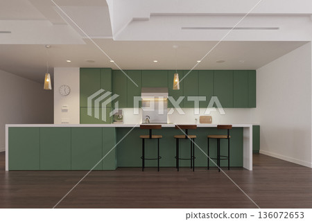 3D render of a modern kitchen interior with green cabinets and a white island 3D render of a modern kitchen interior with green cabinets and a white island 136072653