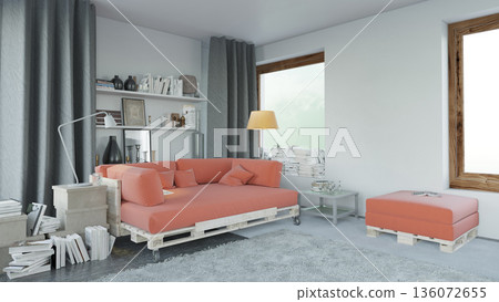 Modern living room interior with upcycled pallet sofa. 3D render Modern living room interior with upcycled pallet sofa. 3D render 136072655