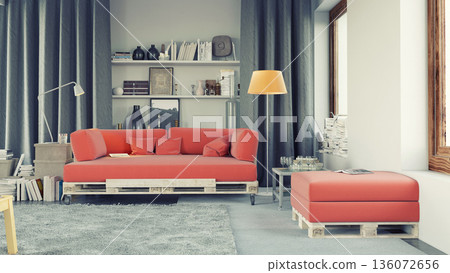 Modern living room with DIY pallet furniture. 3D render of a stylish interior Modern living room with DIY pallet furniture. 3D render of a stylish interior 136072656