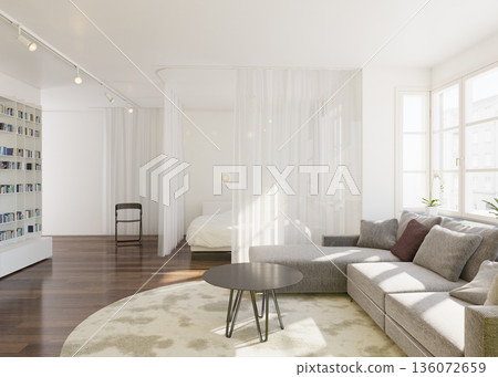 Open plan living room and bedroom in a modern white apartment. 3D render 136072659