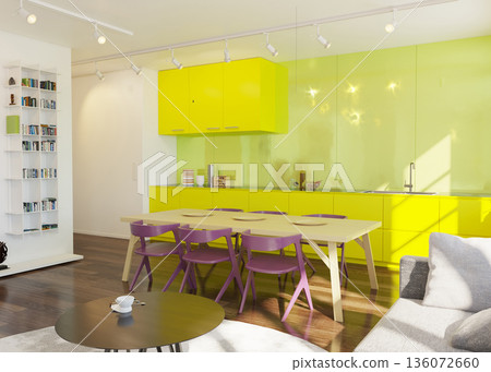 3D render of a modern open-plan interior with a vibrant, colorful kitchen 136072660