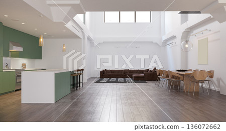 3D render of a modern open plan apartment interior with kitchen and living room 3D render of a modern open plan apartment interior with kitchen and living room 136072662