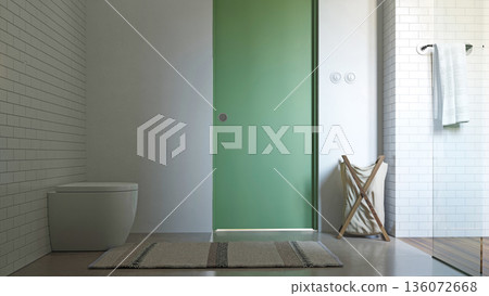 Modern bathroom interior with green door and white toilet. 3D rendering home design 136072668
