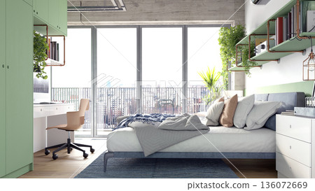 Modern bedroom interior with green shelves and city view. 3D rendering of teen room Modern bedroom interior with green shelves and city view. 3D rendering of teen room 136072669
