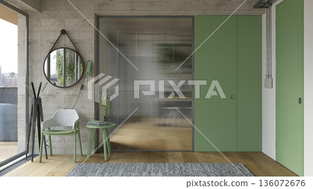 Modern interior with concrete wall and ribbed glass partition. Green door design. 3d render Modern interior with concrete wall and ribbed glass partition. Green door design. 3d render 136072676