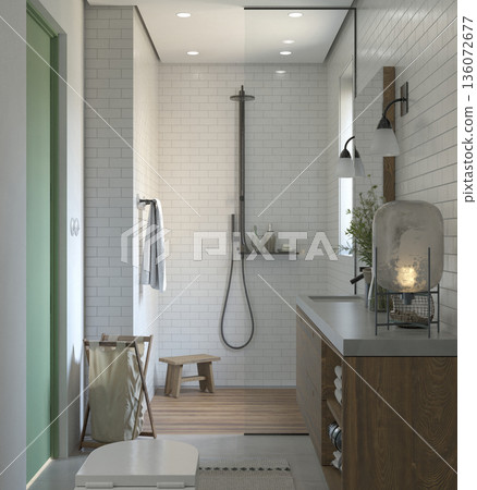 Modern bathroom interior with shower and wooden vanity. Vertical 3d render of home design 136072677