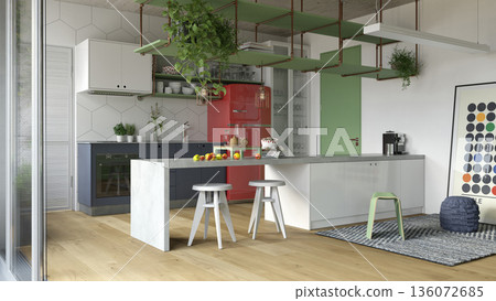 Modern industrial kitchen interior with red fridge and green shelving. 3D render design 136072685
