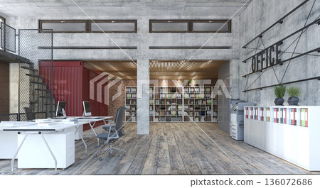 Industrial loft office with concrete walls and red shipping container. Modern 3D render 136072686