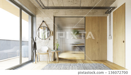 Modern industrial interior with concrete walls and fluted glass partition. 3D render Modern industrial interior with concrete walls and fluted glass partition. 3D render 136072700