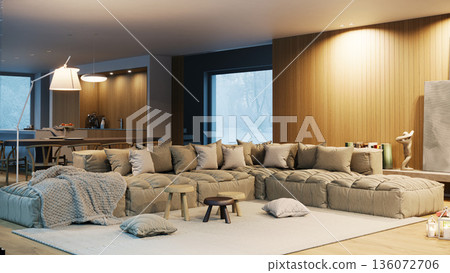 Modern living room interior with large beige sofa. Snowy winter landscape view in window 136072706