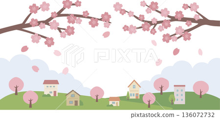 春季背景插圖橫幅，櫻花背景，櫻花和建築物 136072732