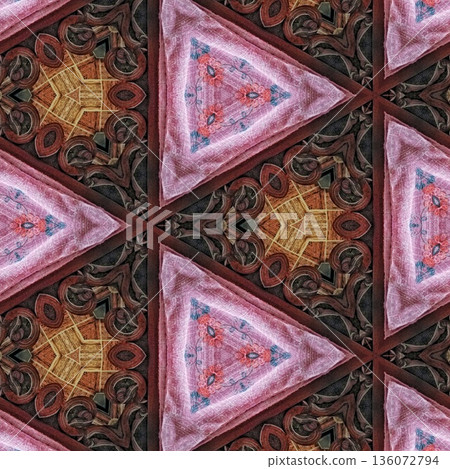 Abstract floral design features a pattern with rich textures and relief details. Soft pink, earthy brown, and muted blue tones add depth, making it ideal for textiles, wallpaper and fashion prints 136072794