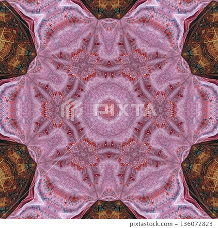 Abstract floral design features a pattern with rich textures and relief details. Soft pink, earthy brown, and muted blue tones add depth, making it ideal for textiles, wallpaper and fashion prints 136072823