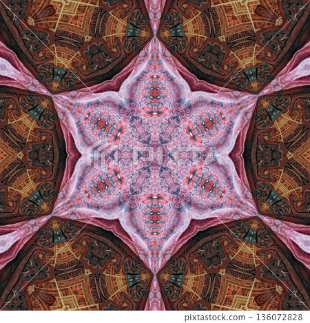 Abstract floral design features a pattern with rich textures and relief details. Soft pink, earthy brown, and muted blue tones add depth, making it ideal for textiles, wallpaper and fashion prints 136072828