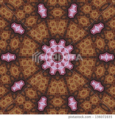 Abstract floral design features a pattern with rich textures and relief details. Soft pink, earthy brown, and muted blue tones add depth, making it ideal for textiles, wallpaper and fashion prints 136072835