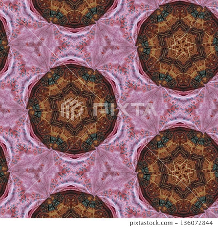Abstract floral design features a pattern with rich textures and relief details. Soft pink, earthy brown, and muted blue tones add depth, making it ideal for textiles, wallpaper and fashion prints 136072844
