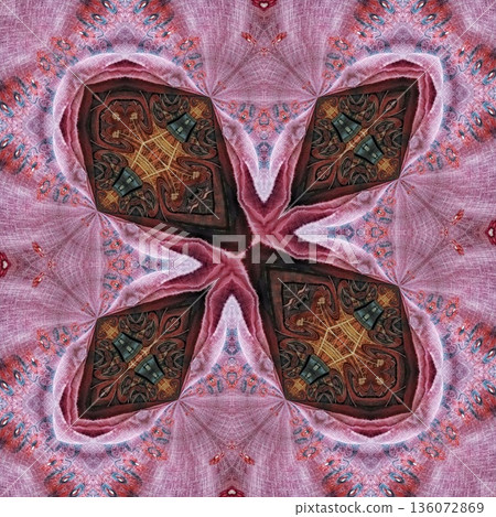 Abstract floral design features a pattern with rich textures and relief details. Soft pink, earthy brown, and muted blue tones add depth, making it ideal for textiles, wallpaper and fashion prints 136072869